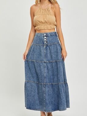 🩵Hello Gorgeous! RISEN High Rise Ruffle Denim Maxi Skirt- Dark Wash
